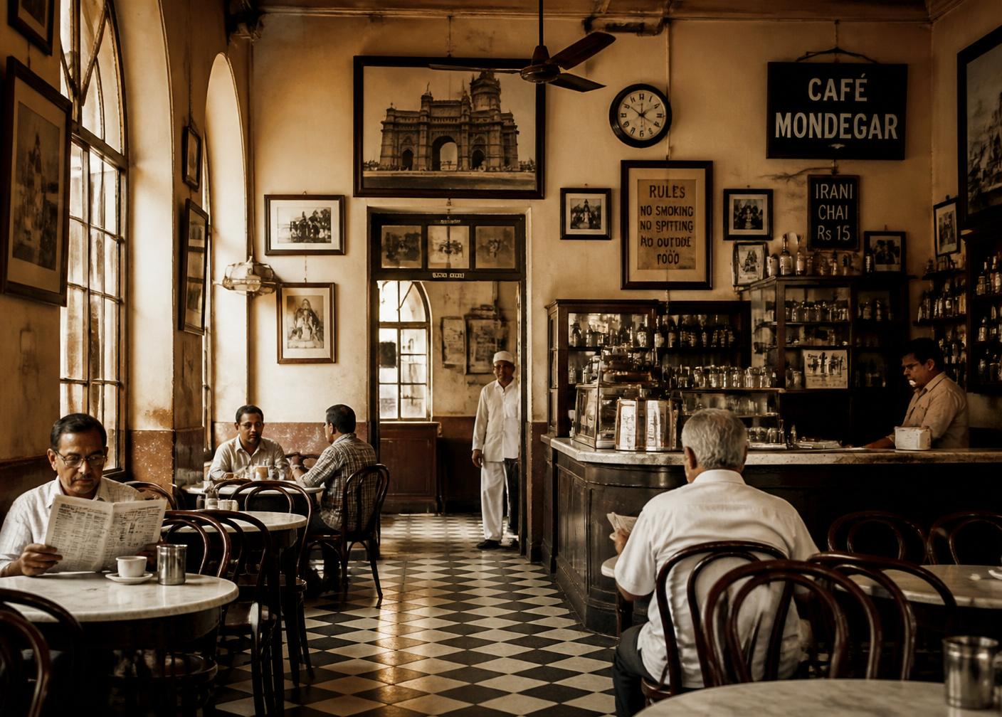 Vintage Mumbai cafe interior with bentwood chairs, marble tables and framed photos