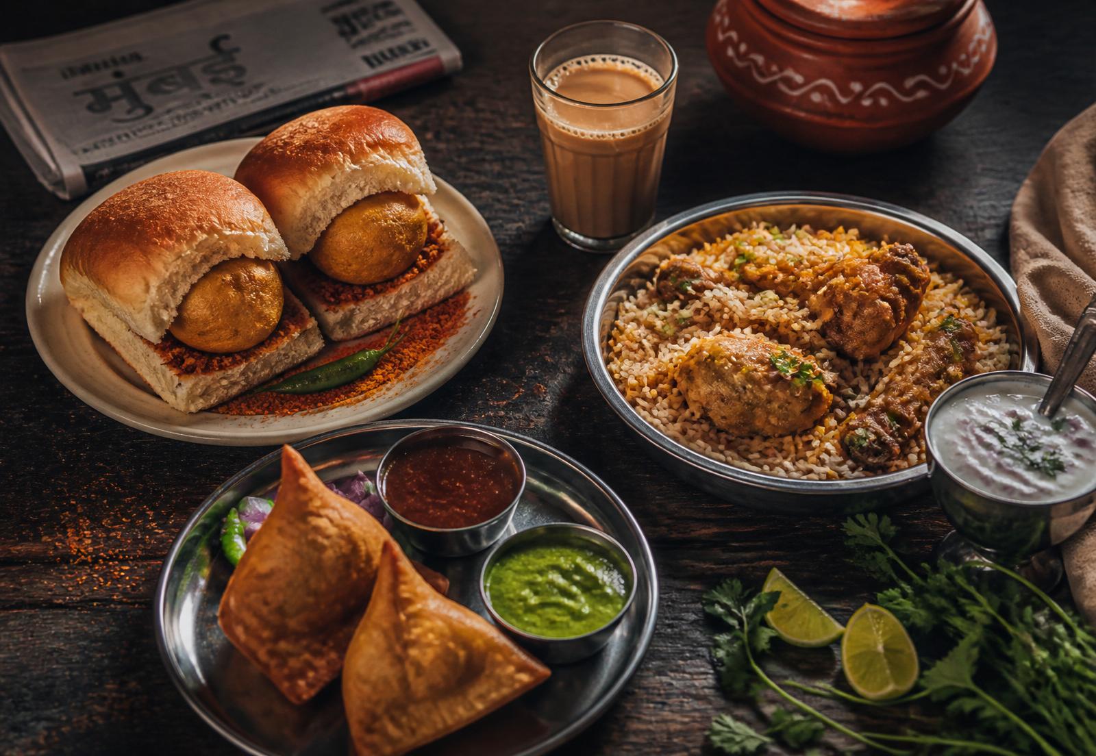 Mumbai street food spread including vada pav, samosas, chicken biryani and a glass of cutting chai